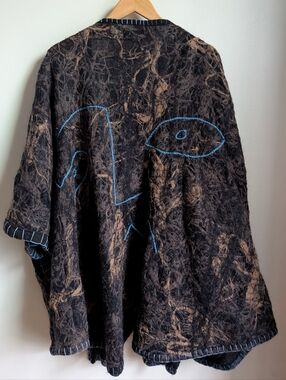 VINTAGE Handmade Brown Artsy Linen Wool Lagenlook Embroidered Oversized Cape